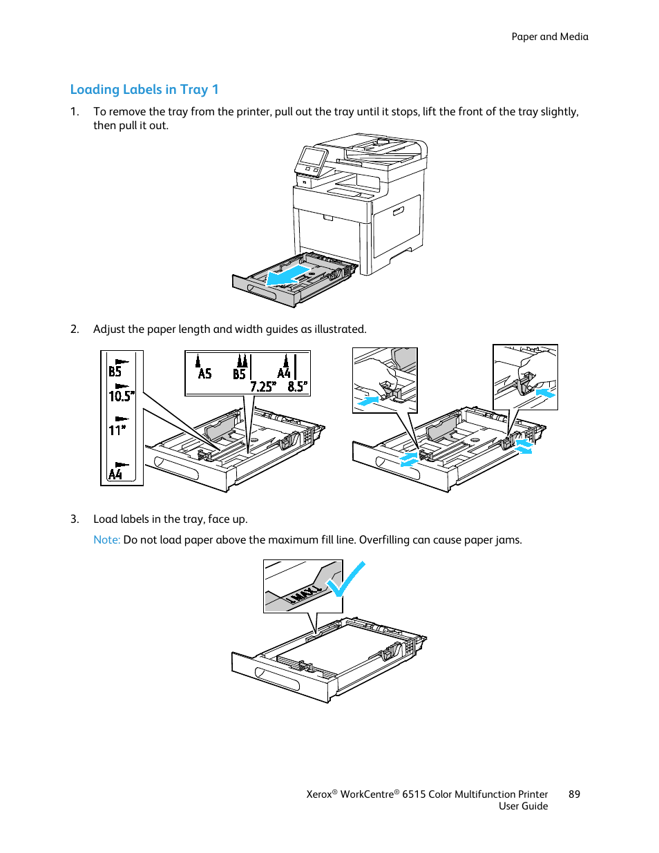 Loading labels in tray 1 | Xerox WorkCentre 6515DNI User Manual | Page 89 / 326