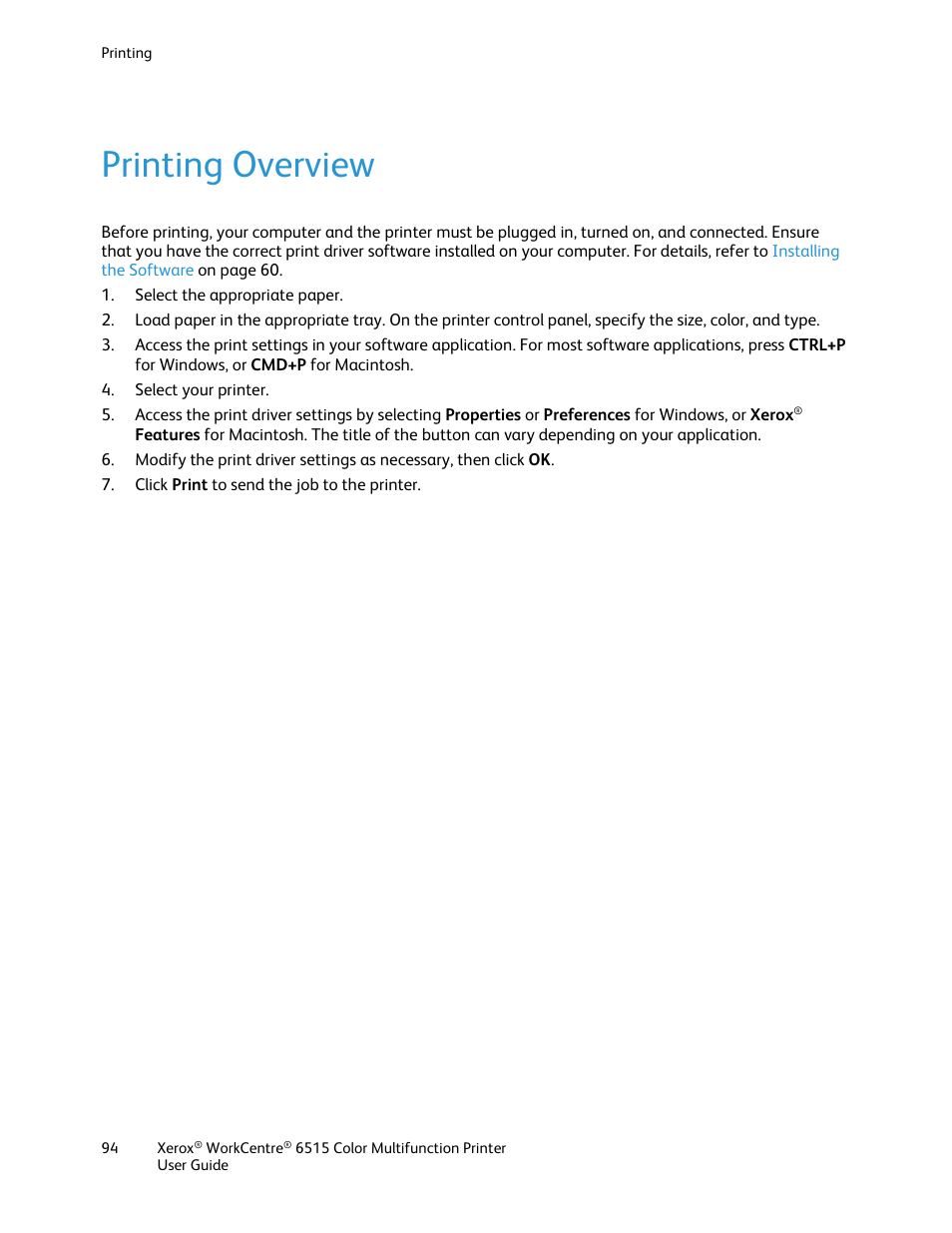 Printing overview | Xerox WorkCentre 6515DNI User Manual | Page 94 / 326