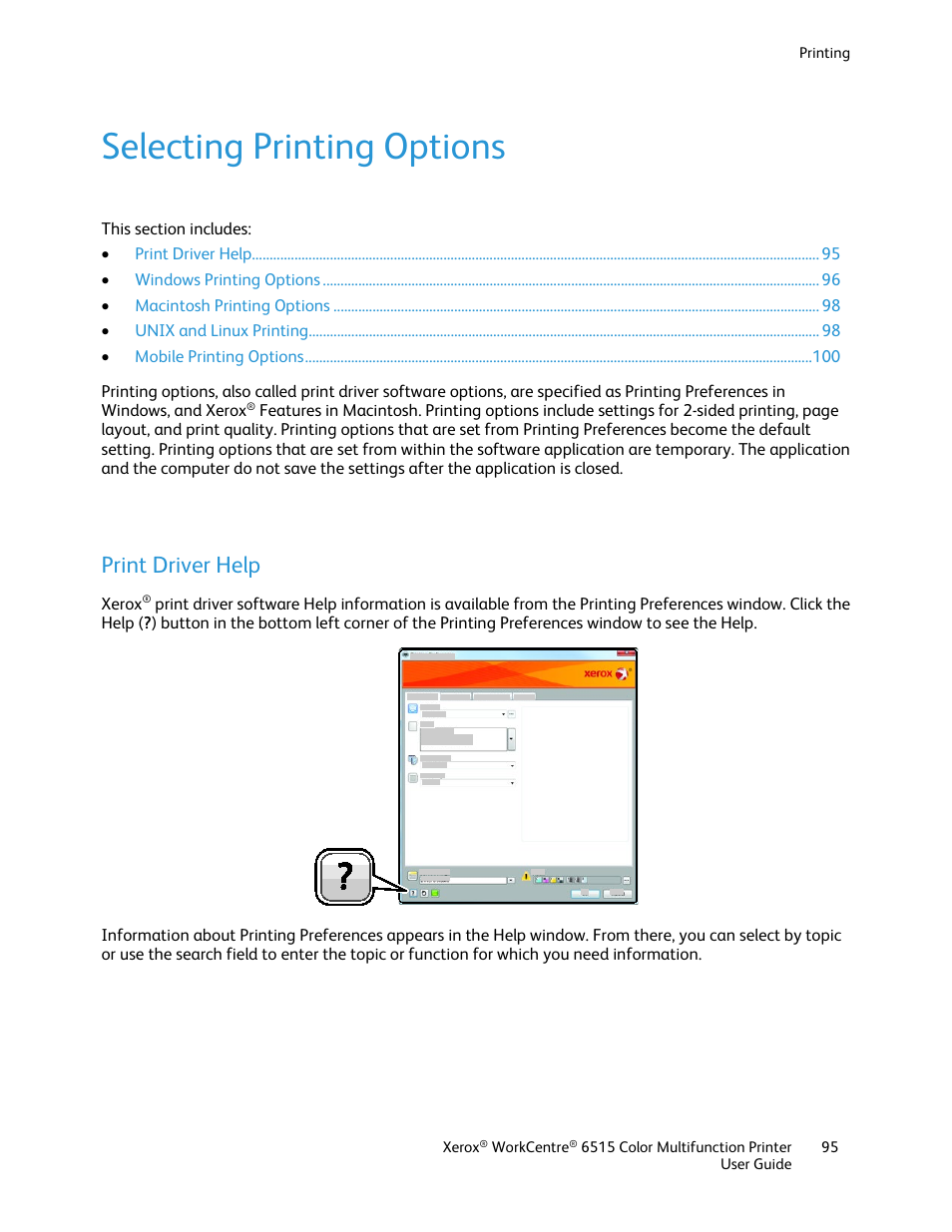 Selecting printing options, Print driver help | Xerox WorkCentre 6515DNI User Manual | Page 95 / 326