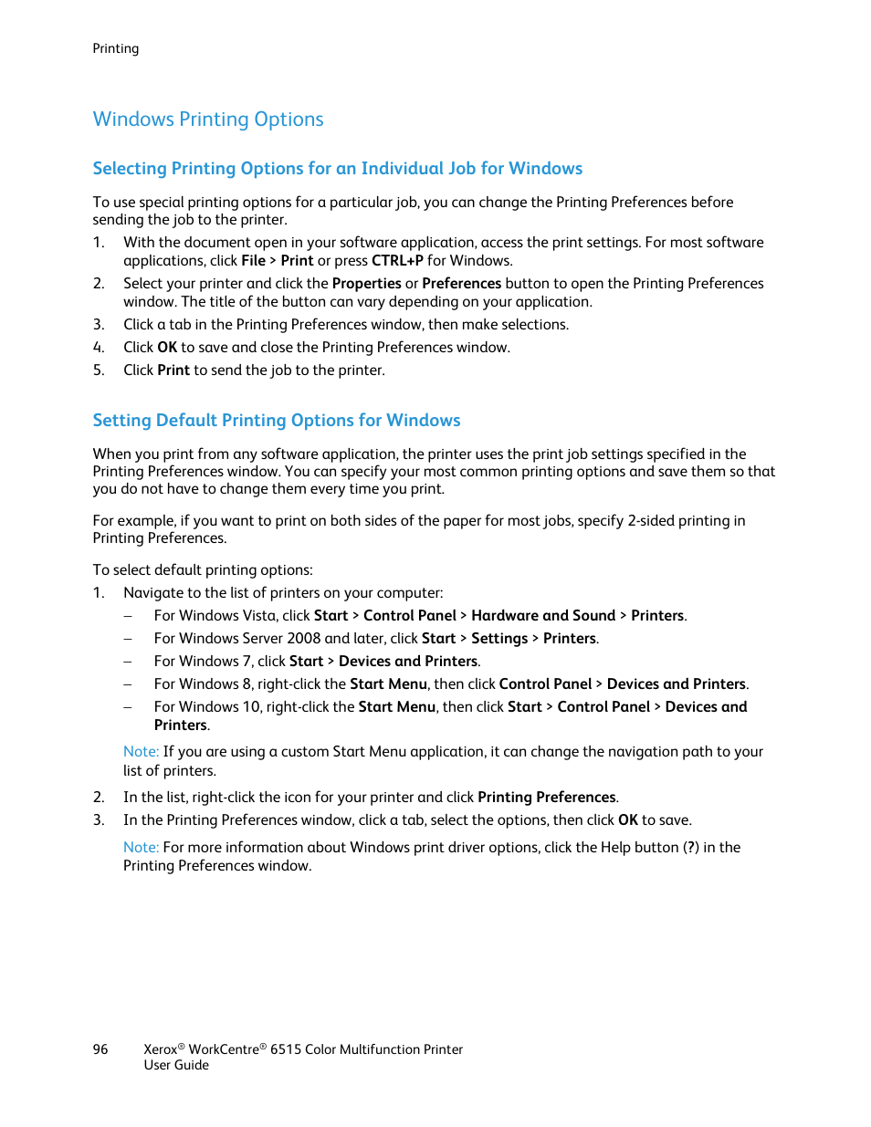 Windows printing options, Setting default printing options for windows | Xerox WorkCentre 6515DNI User Manual | Page 96 / 326