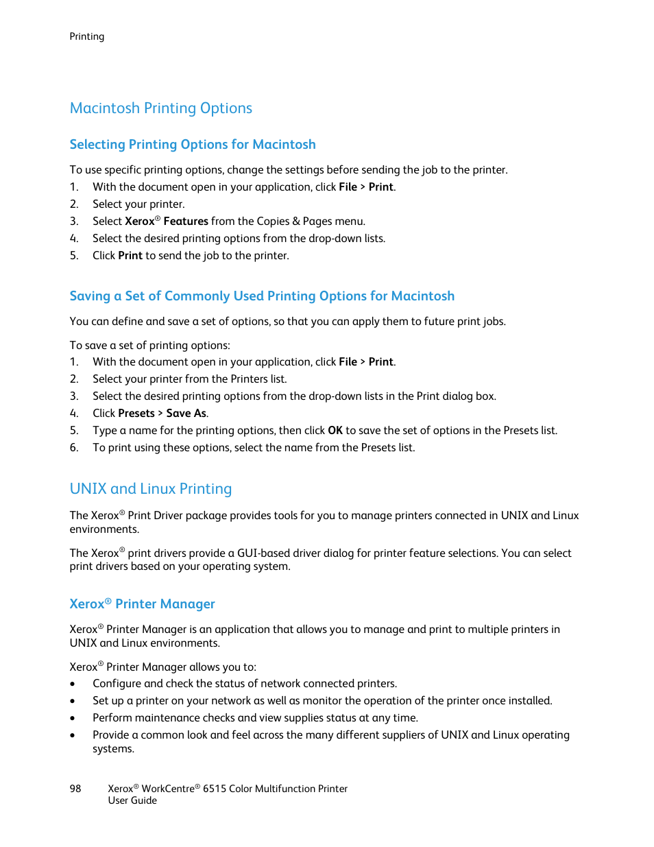 Macintosh printing options, Selecting printing options for macintosh, Unix and linux printing | Xerox® printer manager, Xerox, Printer manager | Xerox WorkCentre 6515DNI User Manual | Page 98 / 326