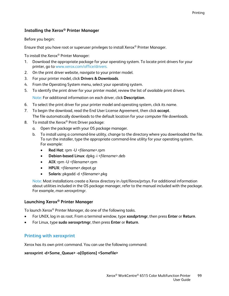 Installing the xerox® printer manager, Launching xerox® printer manager, Printing with xeroxprint | Xerox WorkCentre 6515DNI User Manual | Page 99 / 326