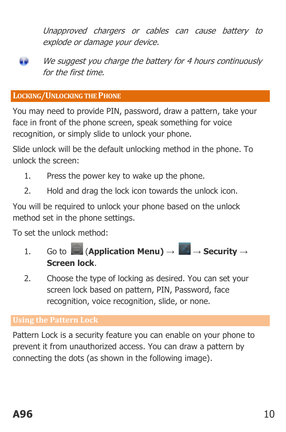 Ocking, Nlocking the, Hone | A96 10 | Micromax Canvas Power User Manual | Page 10 / 56