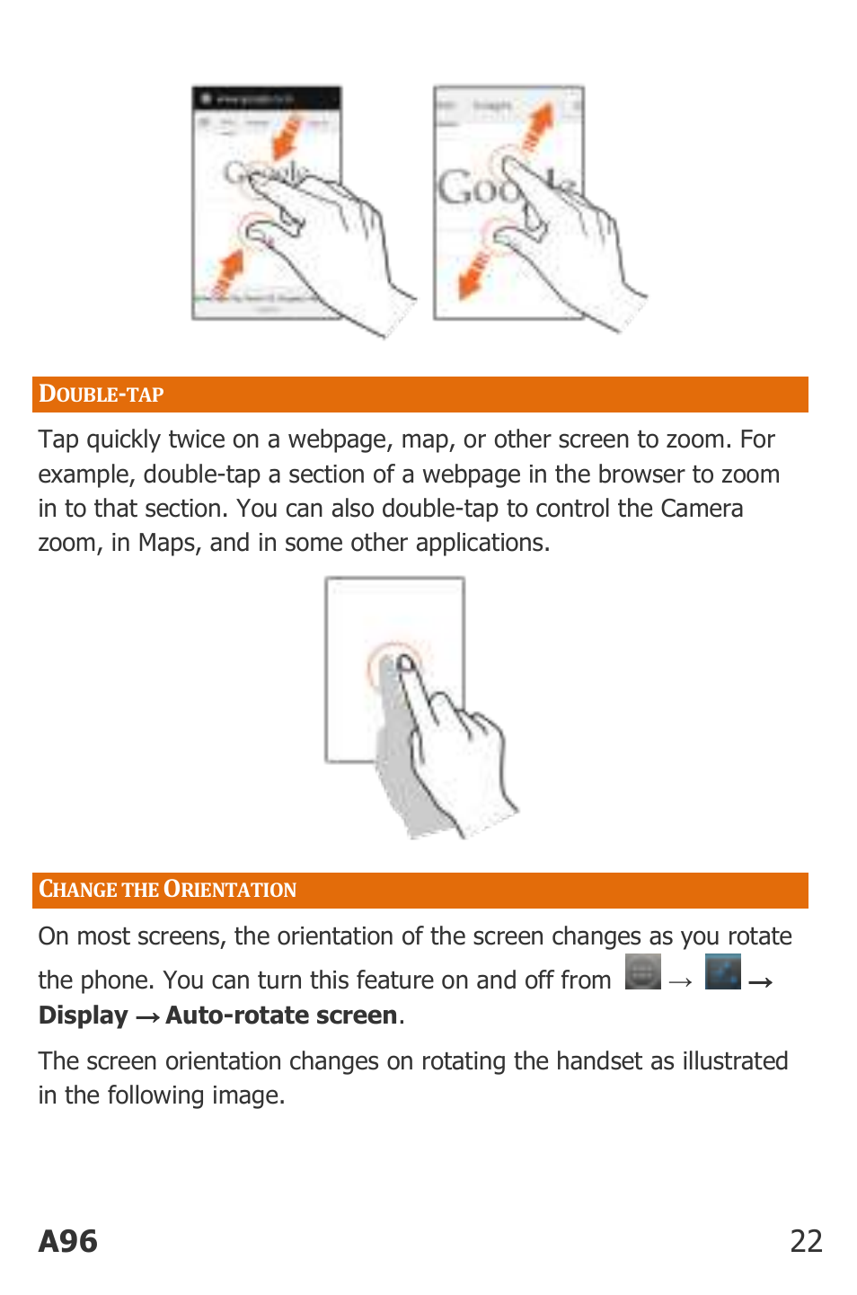 Ouble, Hange the, Rientation | A96 22 | Micromax Canvas Power User Manual | Page 22 / 56