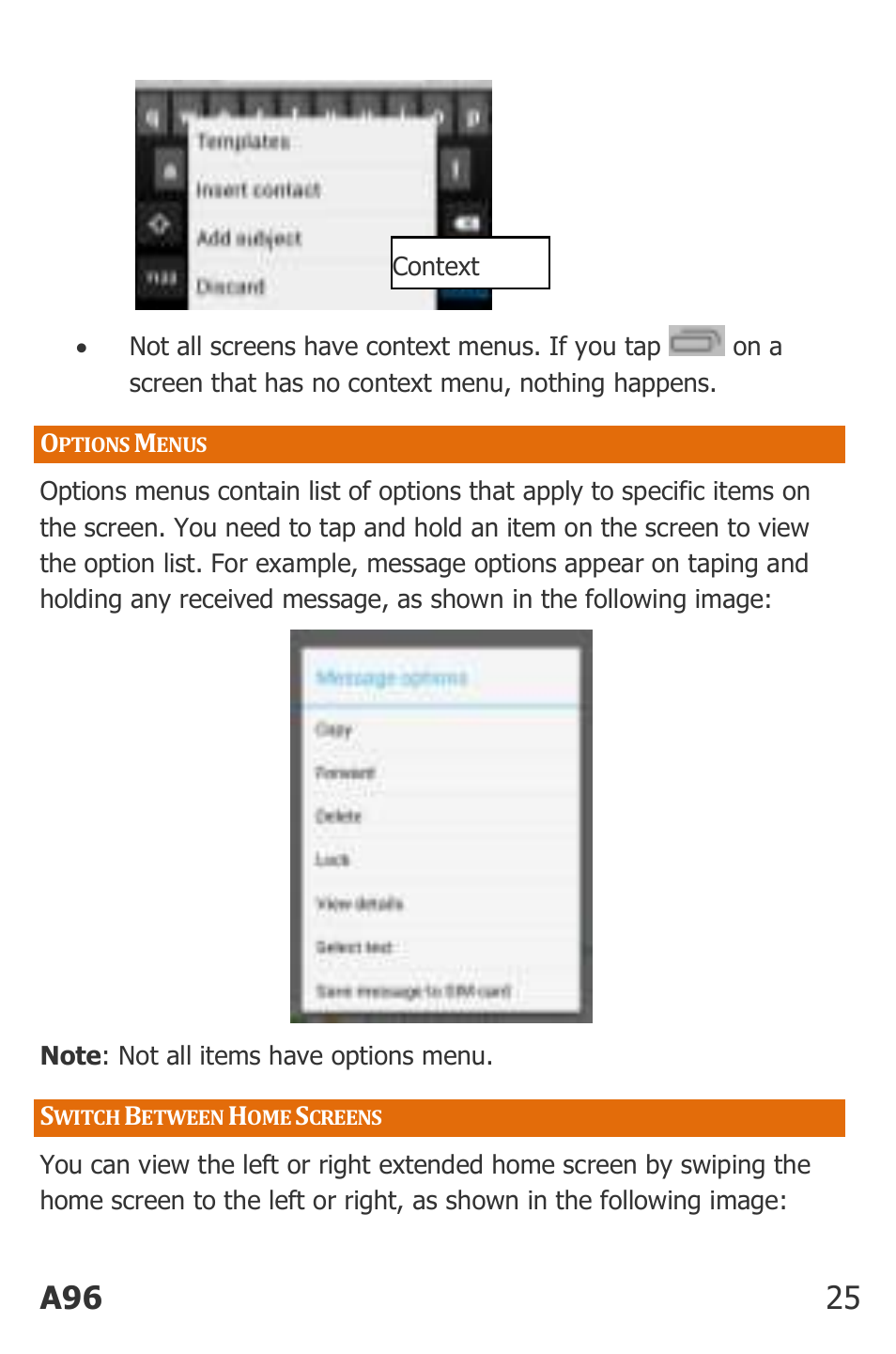 Ptions, Enus, Witch | Etween, Creens, A96 25 | Micromax Canvas Power User Manual | Page 25 / 56