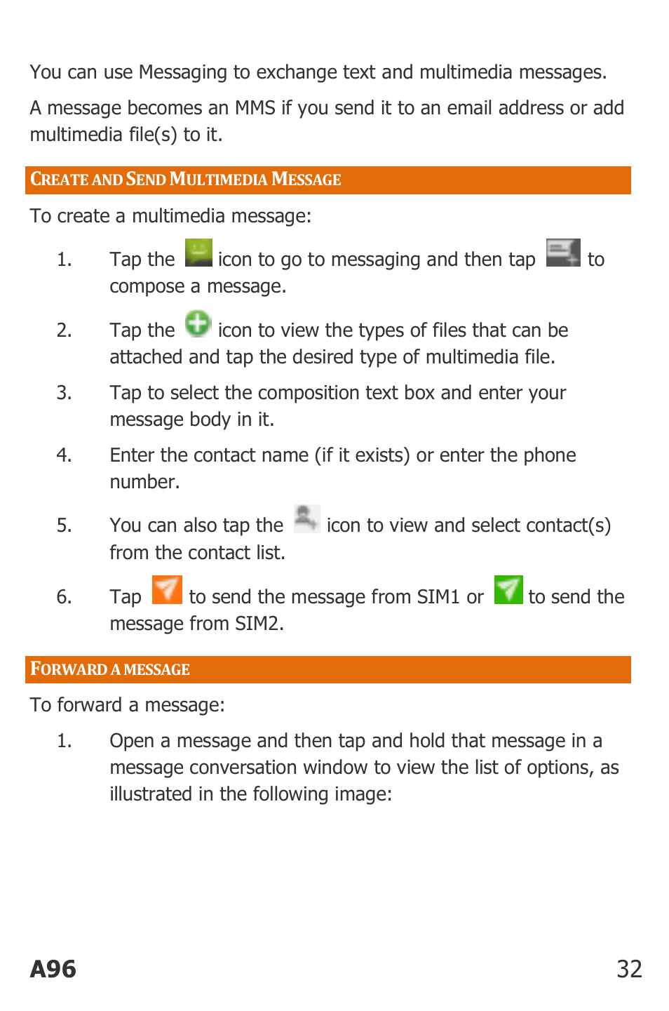 Reate and, Ultimedia, Essage | Orward a message, A96 32 | Micromax Canvas Power User Manual | Page 32 / 56
