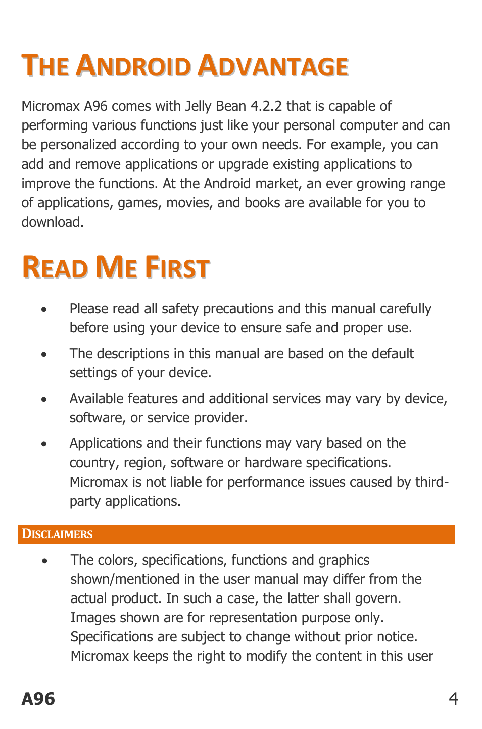 Ndroid, Dvantage, Irst | Isclaimers | Micromax Canvas Power User Manual | Page 4 / 56