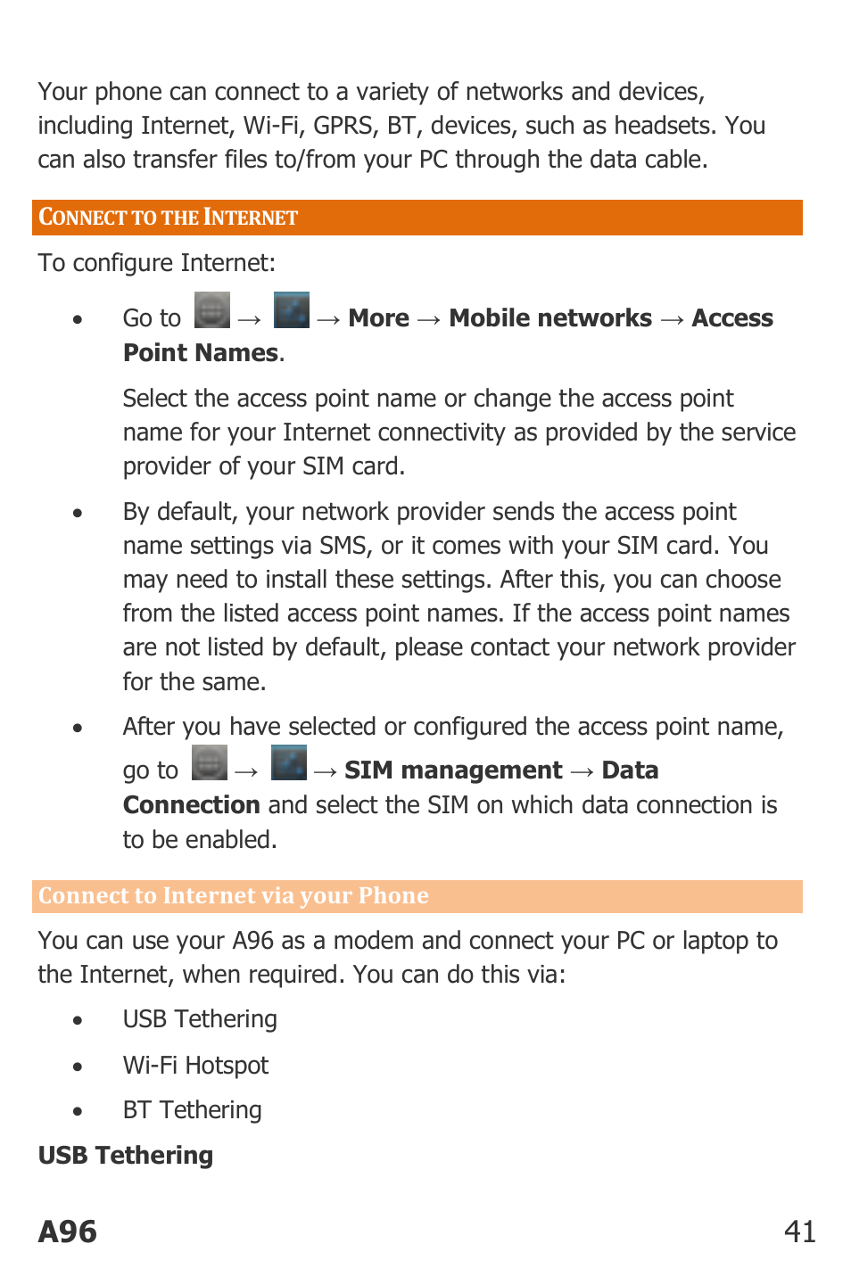 Onnect to the, Nternet, A96 41 | Micromax Canvas Power User Manual | Page 41 / 56