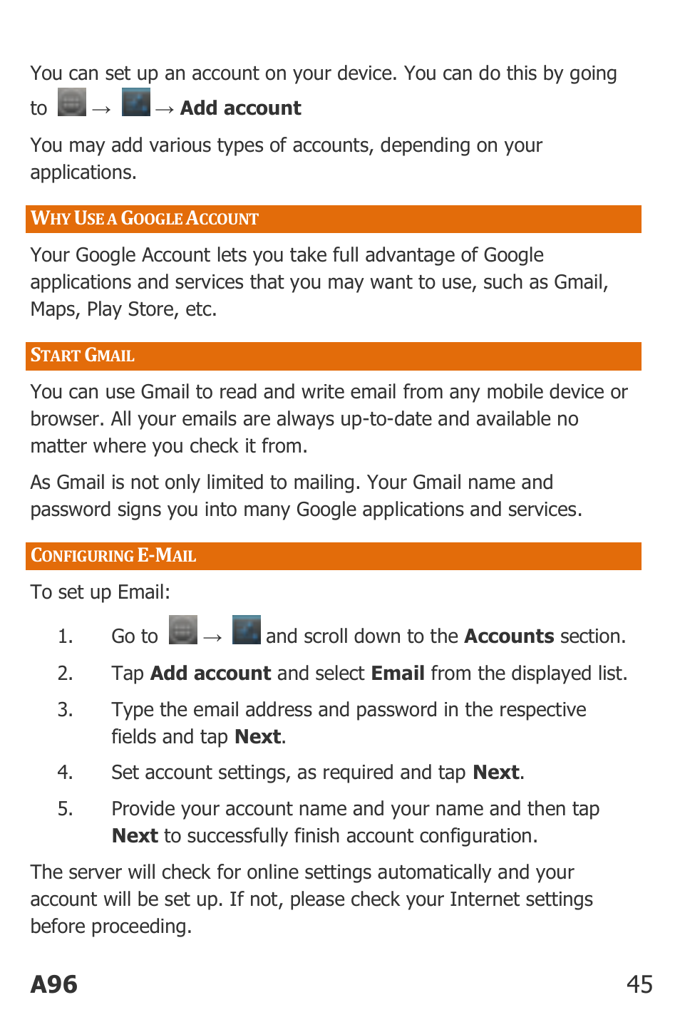 Se a, Oogle, Ccount | Tart, Mail, Onfiguring, A96 45 | Micromax Canvas Power User Manual | Page 45 / 56