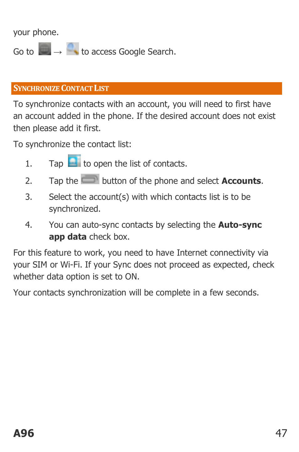 Ynchronize, Ontact, A96 47 | Micromax Canvas Power User Manual | Page 47 / 56