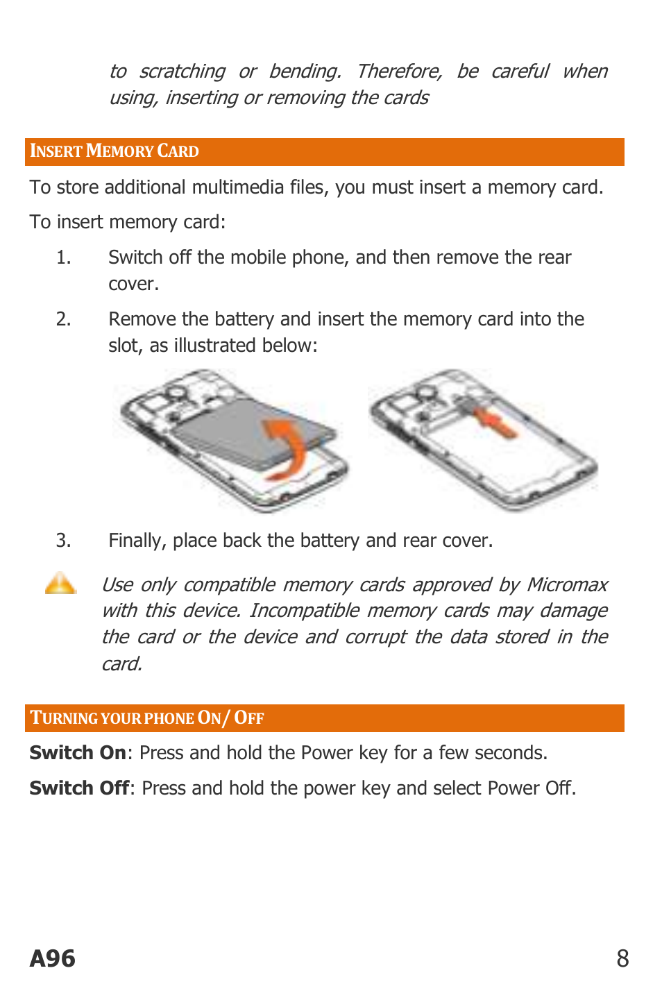 Nsert, Emory, Urning your phone | A96 8 | Micromax Canvas Power User Manual | Page 8 / 56