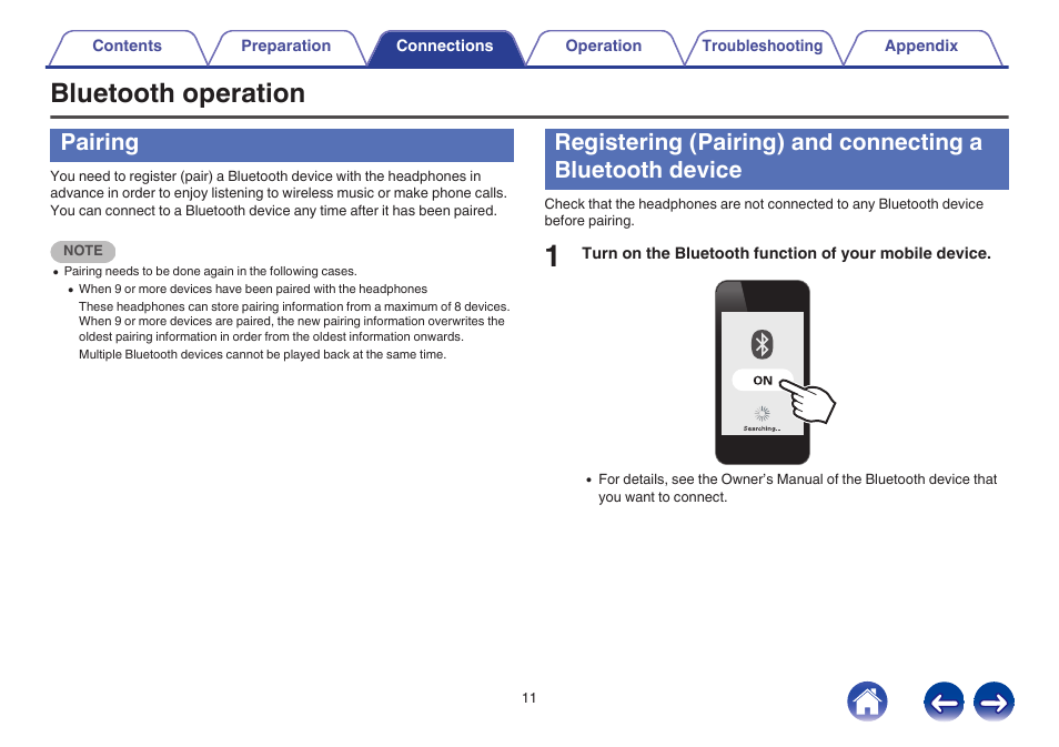 Bluetooth operation, Pairing, V p. 11) | Bluetooth. ( v p. 11) | Denon AH-C160W User Manual | Page 11 / 28