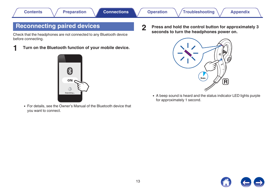 Reconnecting paired devices, Headphones. (v p. 13) | Denon AH-C160W User Manual | Page 13 / 28