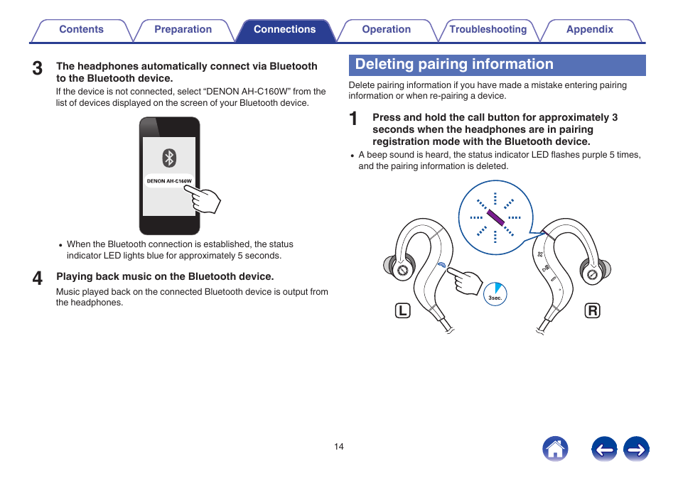 Deleting pairing information | Denon AH-C160W User Manual | Page 14 / 28