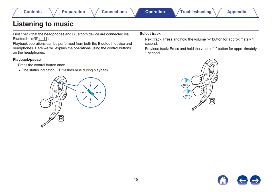 Operation, Listening to music, V p. 15) | Denon AH-C160W User Manual | Page 15 / 28