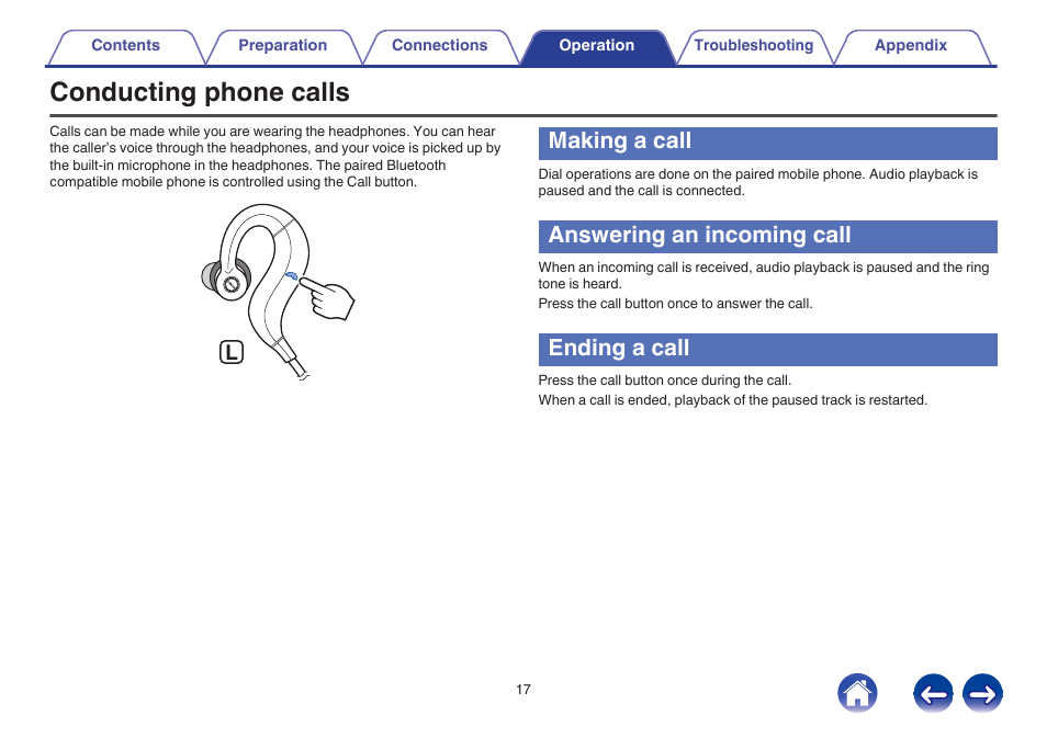 Conducting phone calls, Making a call, Answering an incoming call | Ending a call, Call button ( v p. 17) | Denon AH-C160W User Manual | Page 17 / 28