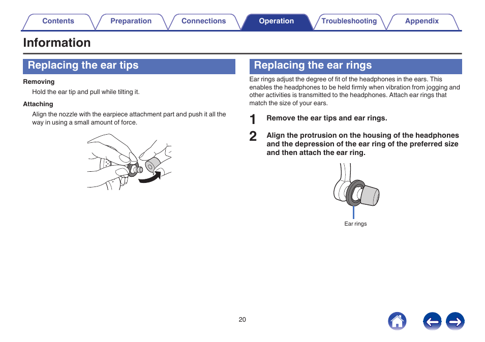Information, Replacing the ear tips, Replacing the ear rings | V p. 20), Preference. (v p. 20), Order to find the most comfortable fit. (v p. 20) | Denon AH-C160W User Manual | Page 20 / 28