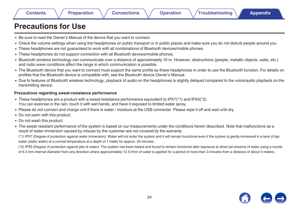 Appendix, Precautions for use | Denon AH-C160W User Manual | Page 24 / 28