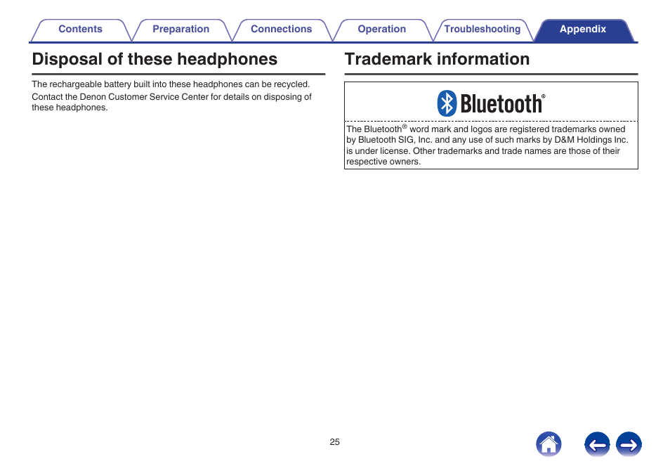 Disposal of these headphones, Trademark information | Denon AH-C160W User Manual | Page 25 / 28