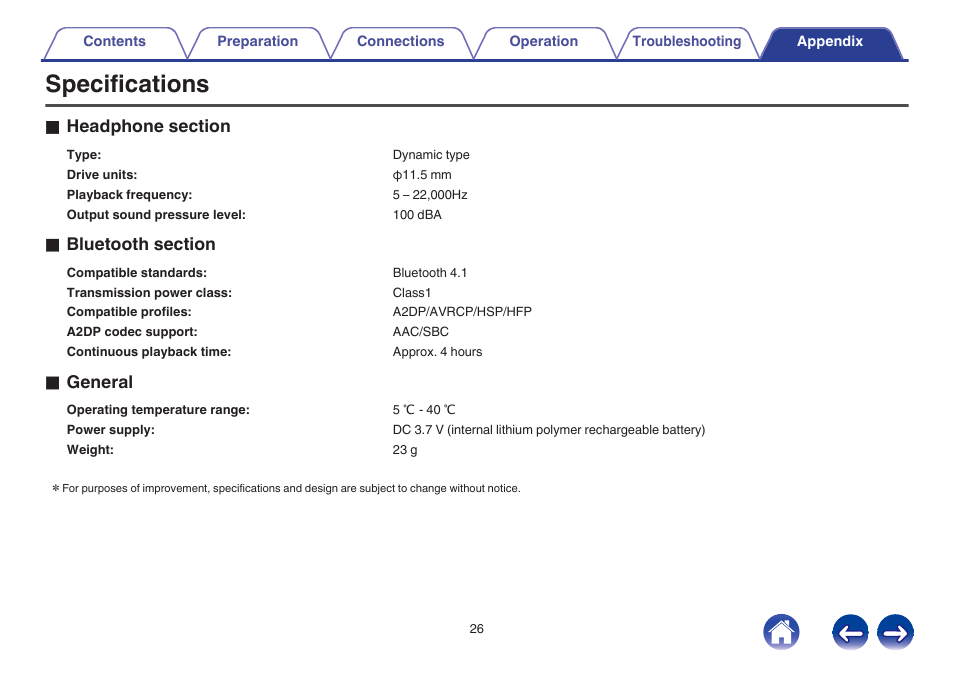 Specifications, O general | Denon AH-C160W User Manual | Page 26 / 28