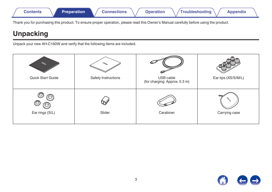 Preparation, Unpacking | Denon AH-C160W User Manual | Page 3 / 28