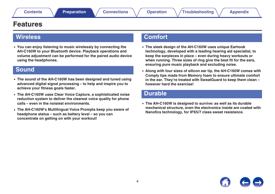 Features, Wireless, Sound | Comfort, Durable | Denon AH-C160W User Manual | Page 4 / 28