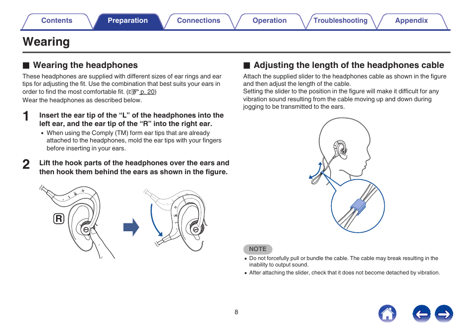 Wearing, V p. 8) | Denon AH-C160W User Manual | Page 8 / 28