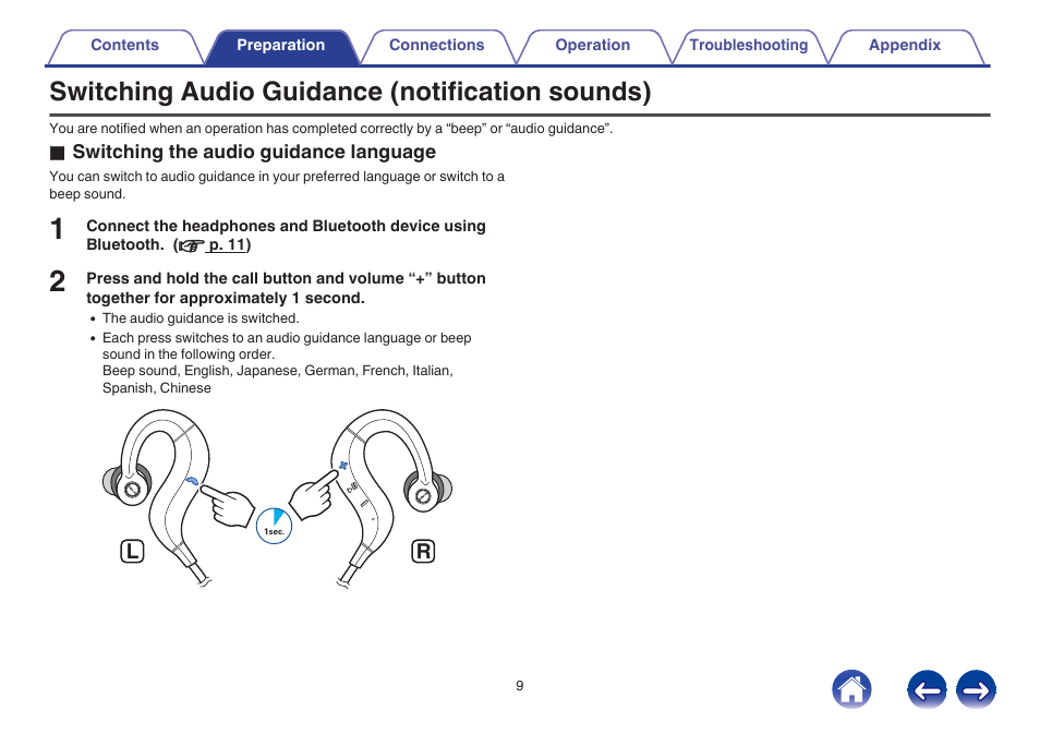 Switching audio guidance (notification sounds) | Denon AH-C160W User Manual | Page 9 / 28