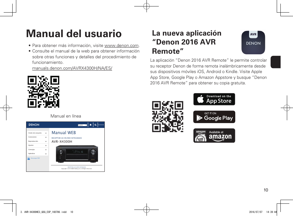 Manual del usuario, La nueva aplicación “denon 2016 avr remote, Manual web | Denon AVR-X4300H User Manual | Page 11 / 14