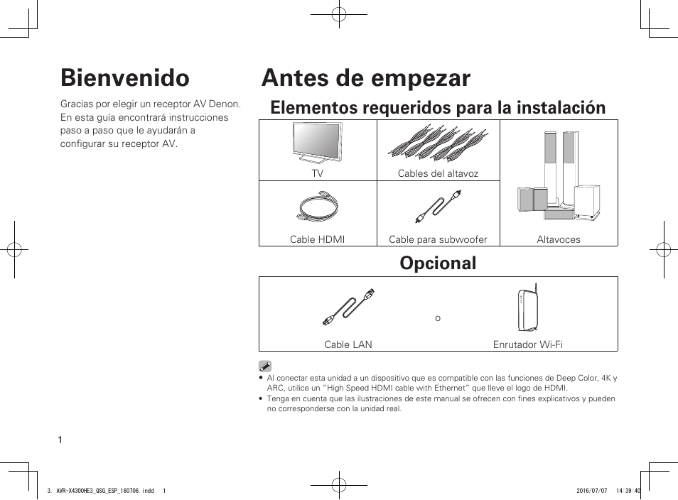 Bienvenido antes de empezar, Elementos requeridos para la instalación, Opcional | Denon AVR-X4300H User Manual | Page 2 / 14