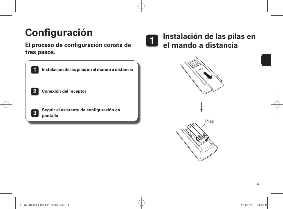 Confi guración, Instalación de las pilas en el mando a distancia | Denon AVR-X4300H User Manual | Page 5 / 14