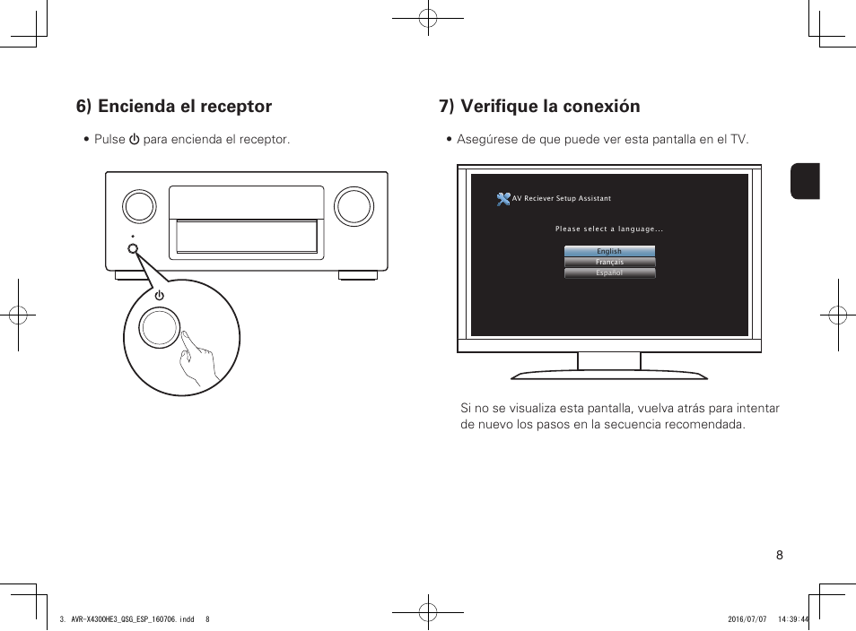 6) encienda el receptor, 7) verifique la conexión | Denon AVR-X4300H User Manual | Page 9 / 14