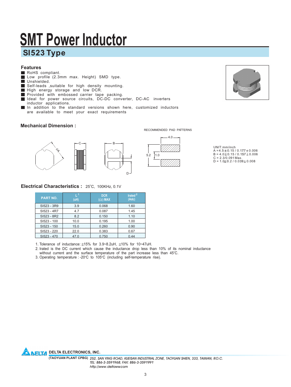 Delta Electronics SMT Power Inductor S 523 User Manual | 1 page