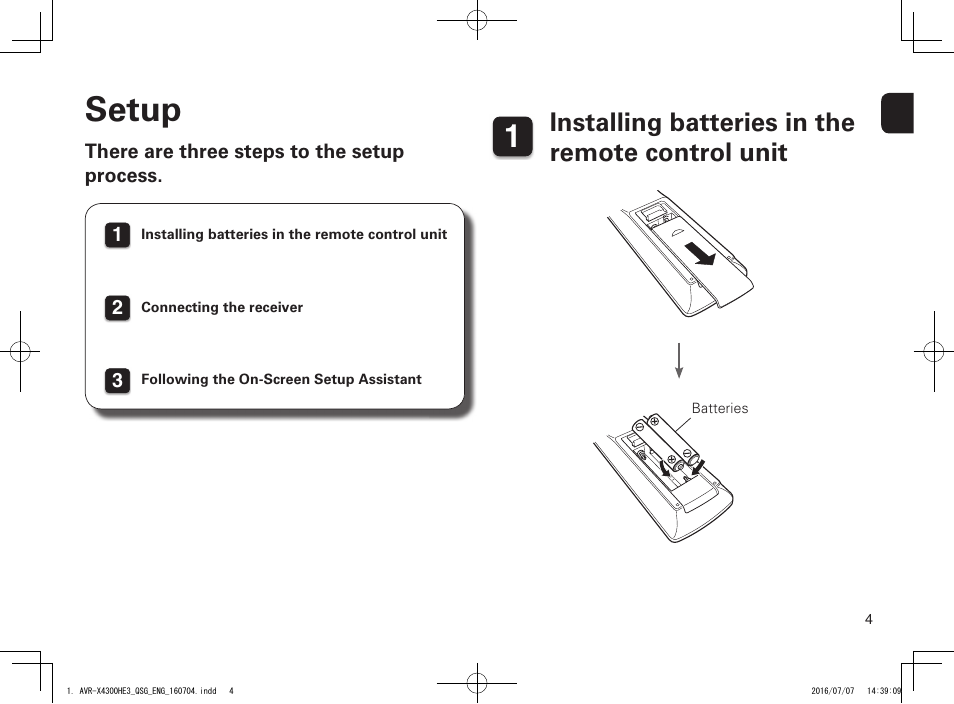 Setup, Installing batteries in the remote control unit | Denon AVR-X4300H User Manual | Page 5 / 14