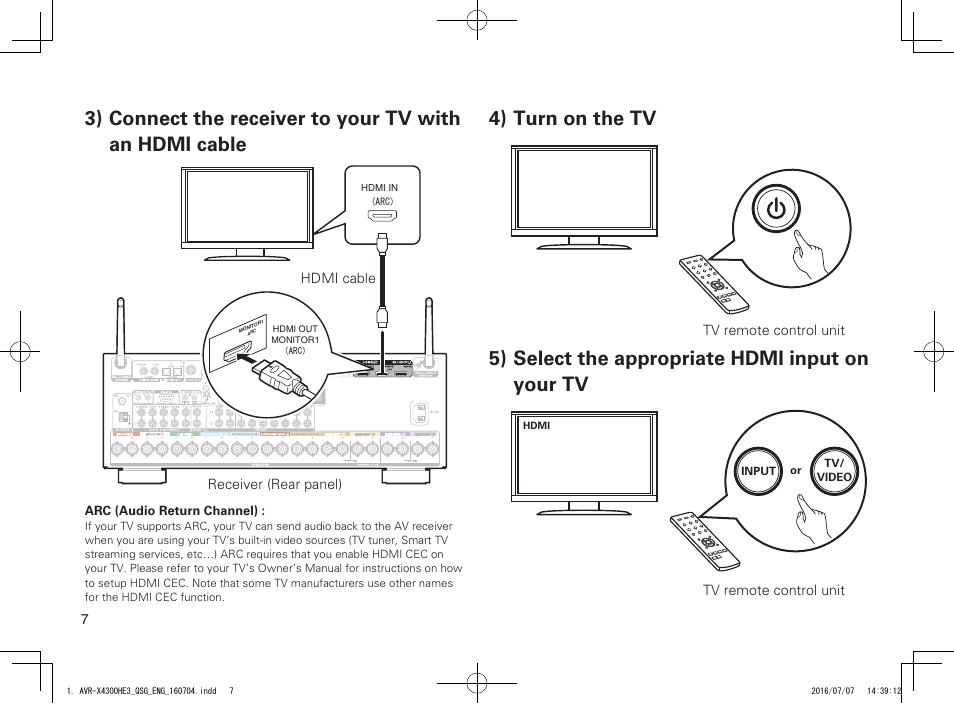 4) turn on the tv, 5) select the appropriate hdmi input on your tv | Denon AVR-X4300H User Manual | Page 8 / 14