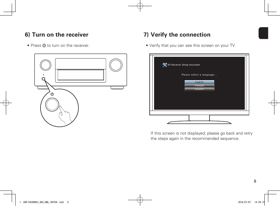 6) turn on the receiver, 7) verify the connection | Denon AVR-X4300H User Manual | Page 9 / 14