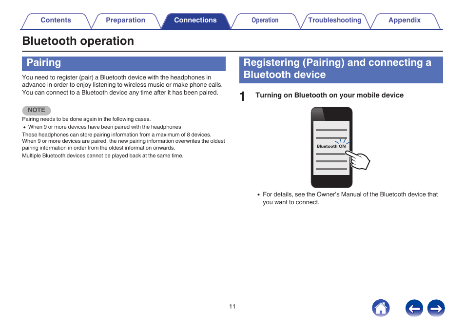 Connections, Bluetooth operation, Pairing | Devices. (v p. 11) | Denon AH-GC20 User Manual | Page 11 / 33