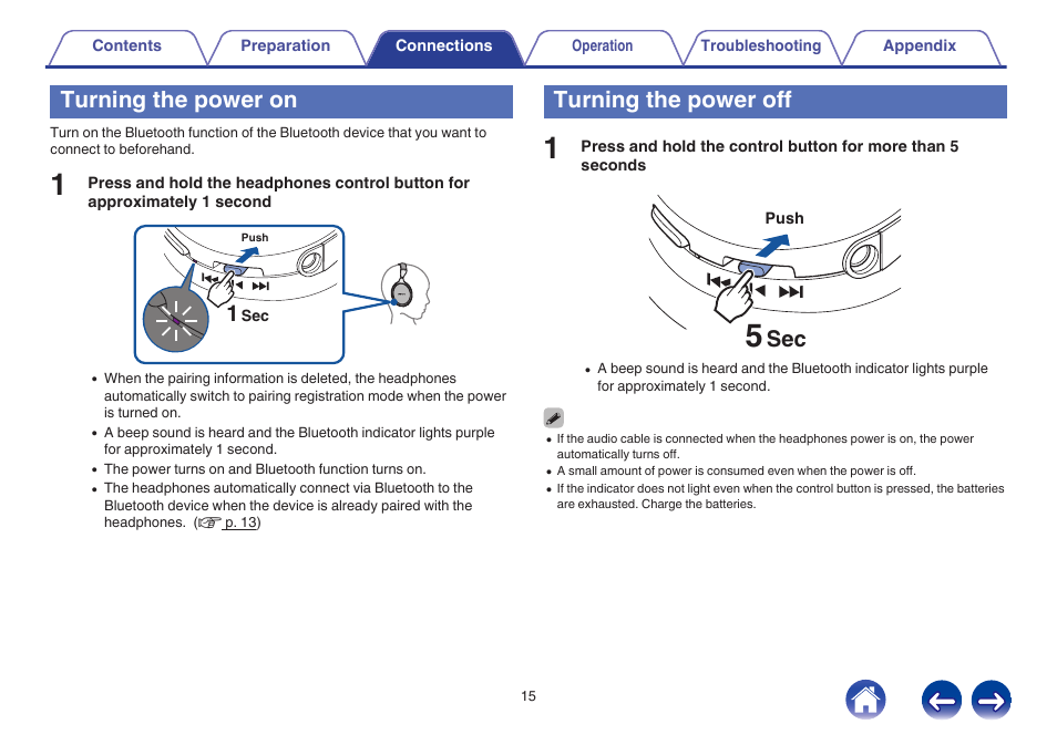 Turning the power on, Turning the power off | Denon AH-GC20 User Manual | Page 15 / 33