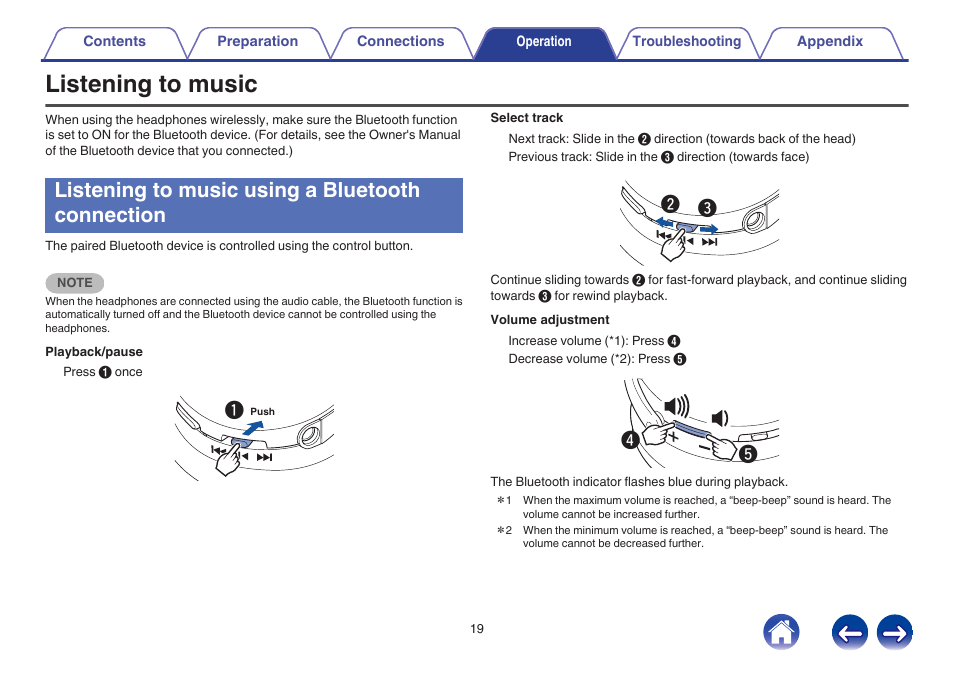 Operation, Listening to music, Listening to music using a bluetooth connection | V p. 19), Adjusts the volume up and down. (v p. 19) | Denon AH-GC20 User Manual | Page 19 / 33