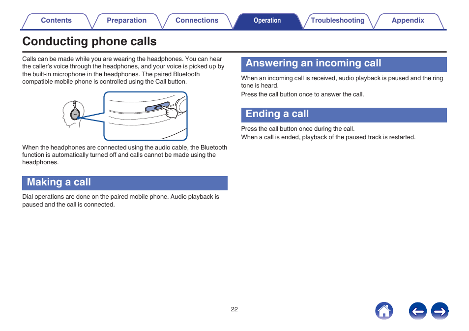 Conducting phone calls, Making a call, Answering an incoming call | Ending a call | Denon AH-GC20 User Manual | Page 22 / 33