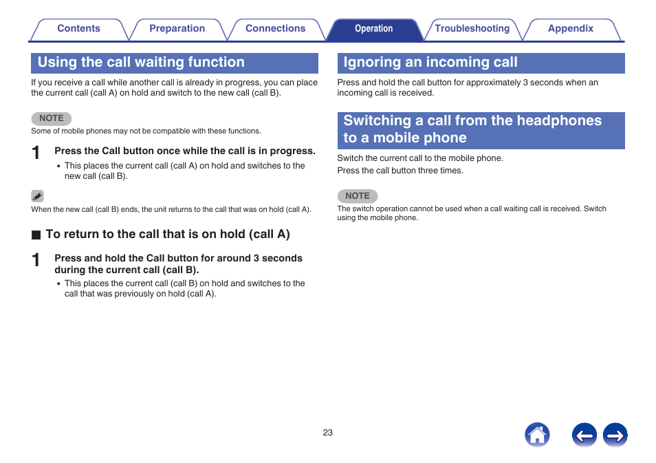 Using the call waiting function, Ignoring an incoming call | Denon AH-GC20 User Manual | Page 23 / 33