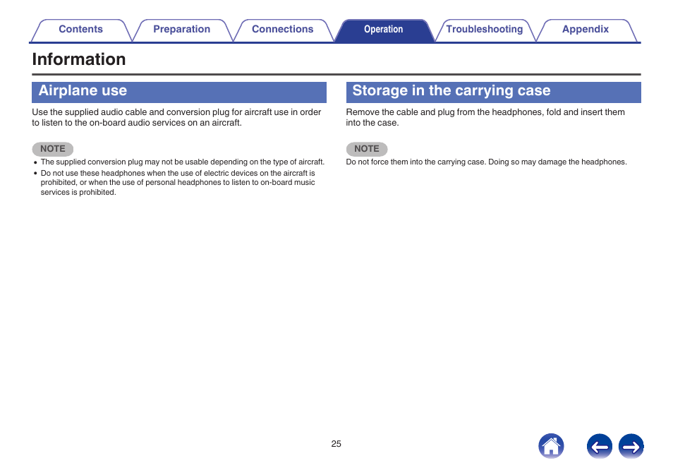 Information, Airplane use, Storage in the carrying case | Denon AH-GC20 User Manual | Page 25 / 33