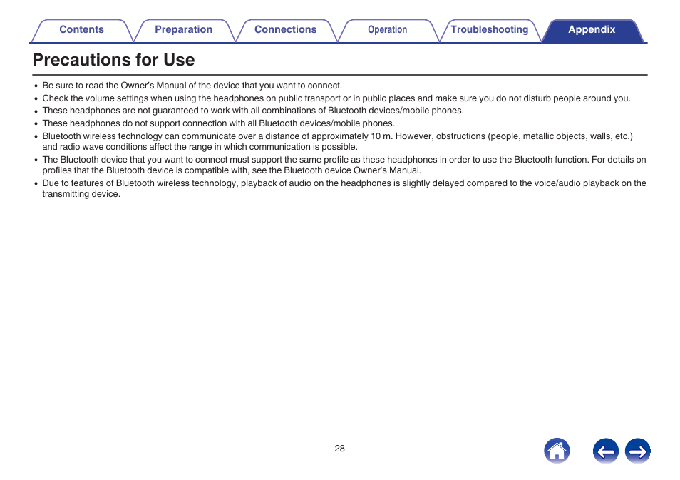 Appendix, Precautions for use | Denon AH-GC20 User Manual | Page 28 / 33