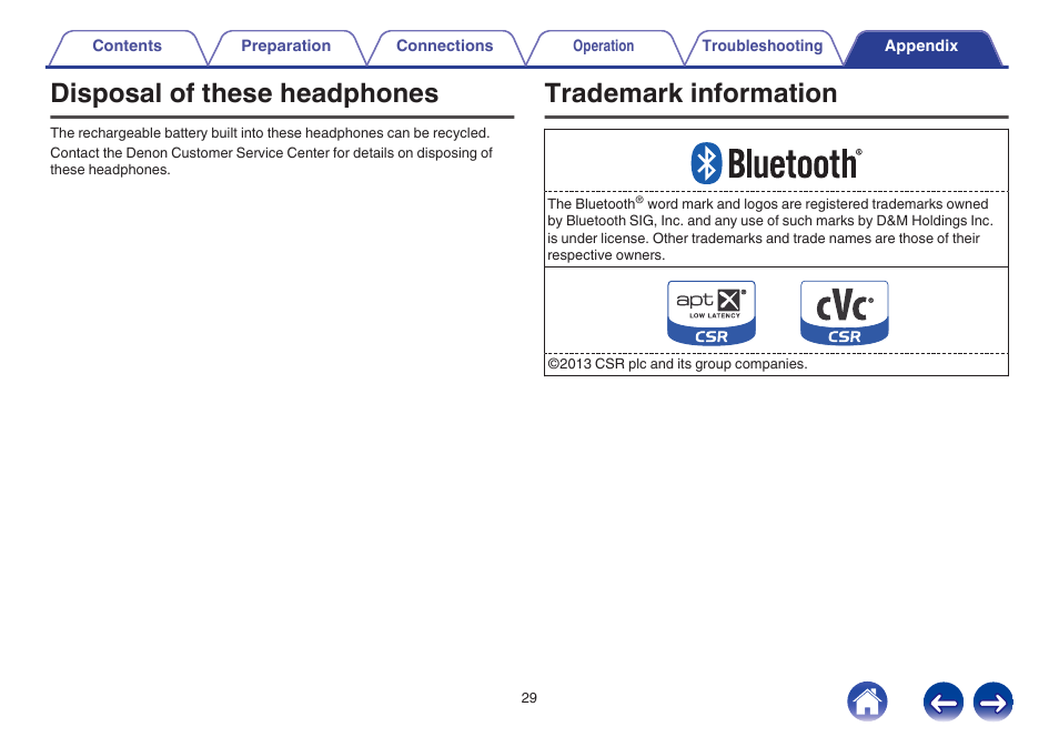Disposal of these headphones, Trademark information | Denon AH-GC20 User Manual | Page 29 / 33