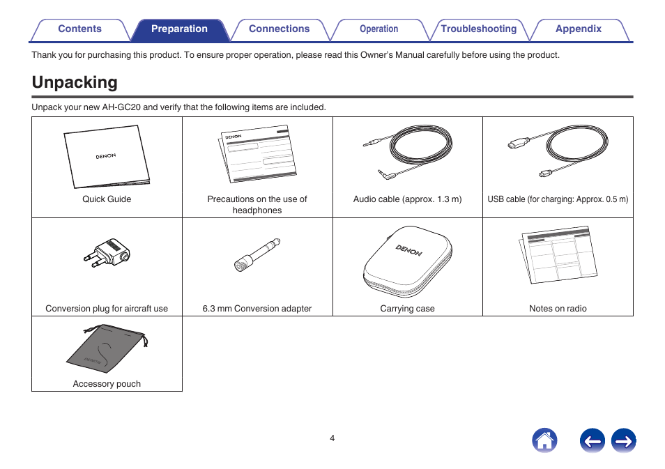 Preparation, Unpacking | Denon AH-GC20 User Manual | Page 4 / 33