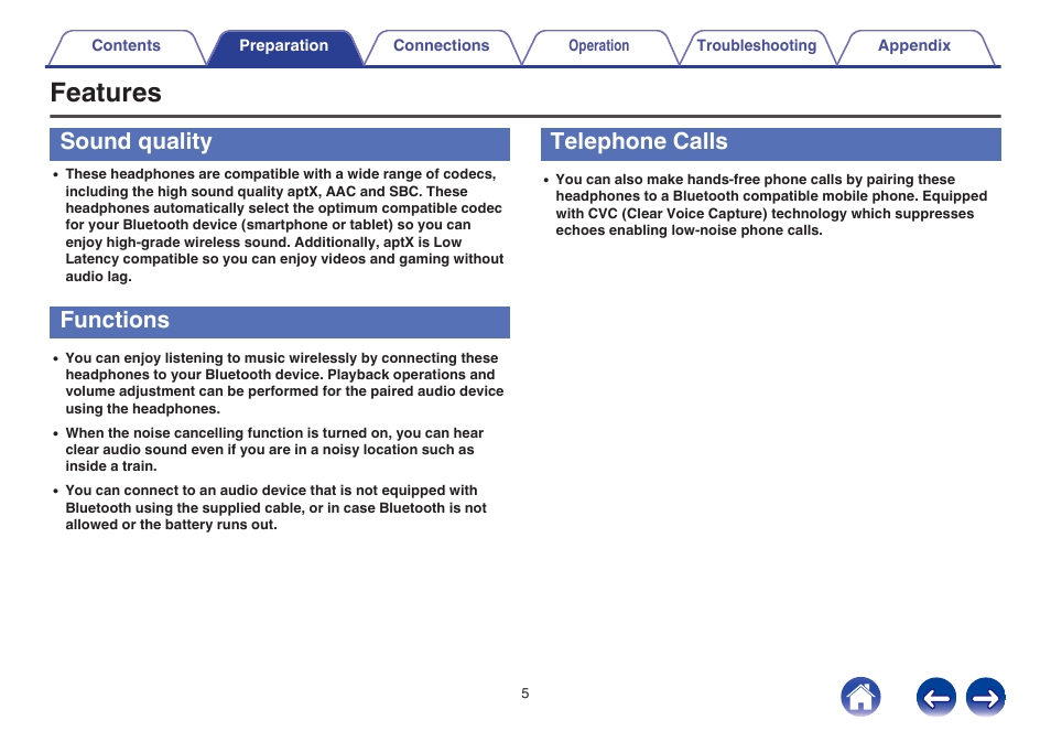 Features, Sound quality, Functions | Telephone calls | Denon AH-GC20 User Manual | Page 5 / 33