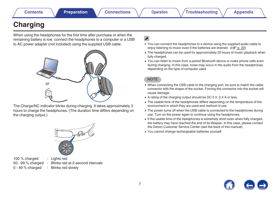 Charging, V p. 7) | Denon AH-GC20 User Manual | Page 7 / 33