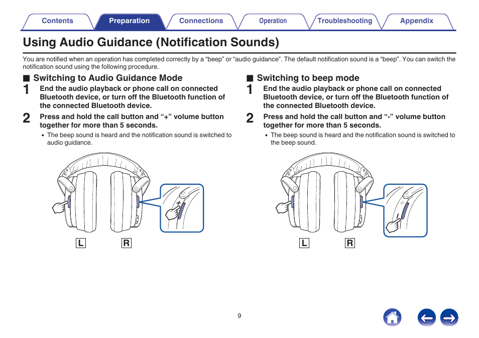 Using audio guidance (notification sounds) | Denon AH-GC20 User Manual | Page 9 / 33