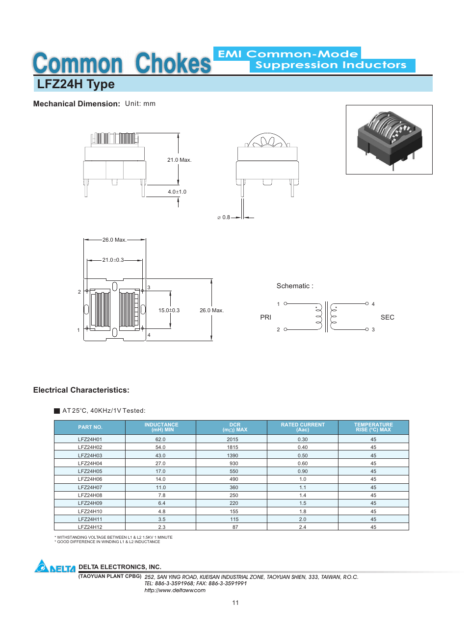 Delta Electronics Suppression Inductors LFZ24H User Manual | 1 page