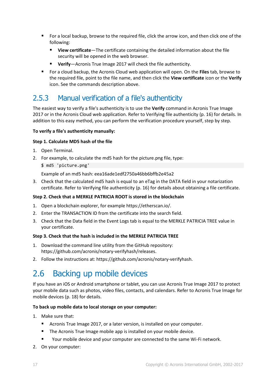 3 manual verification of a file's authenticity, 6 backing up mobile devices, Manual verification of a file's authenticity | Backing up mobile devices | Acronis True Image 2017 NG User Manual | Page 17 / 46